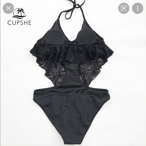 NWT Cupshe Black Lace Ruffle Halter Cutout One Piece Fashion Swimsuit - Size M - Picture 2 of 4